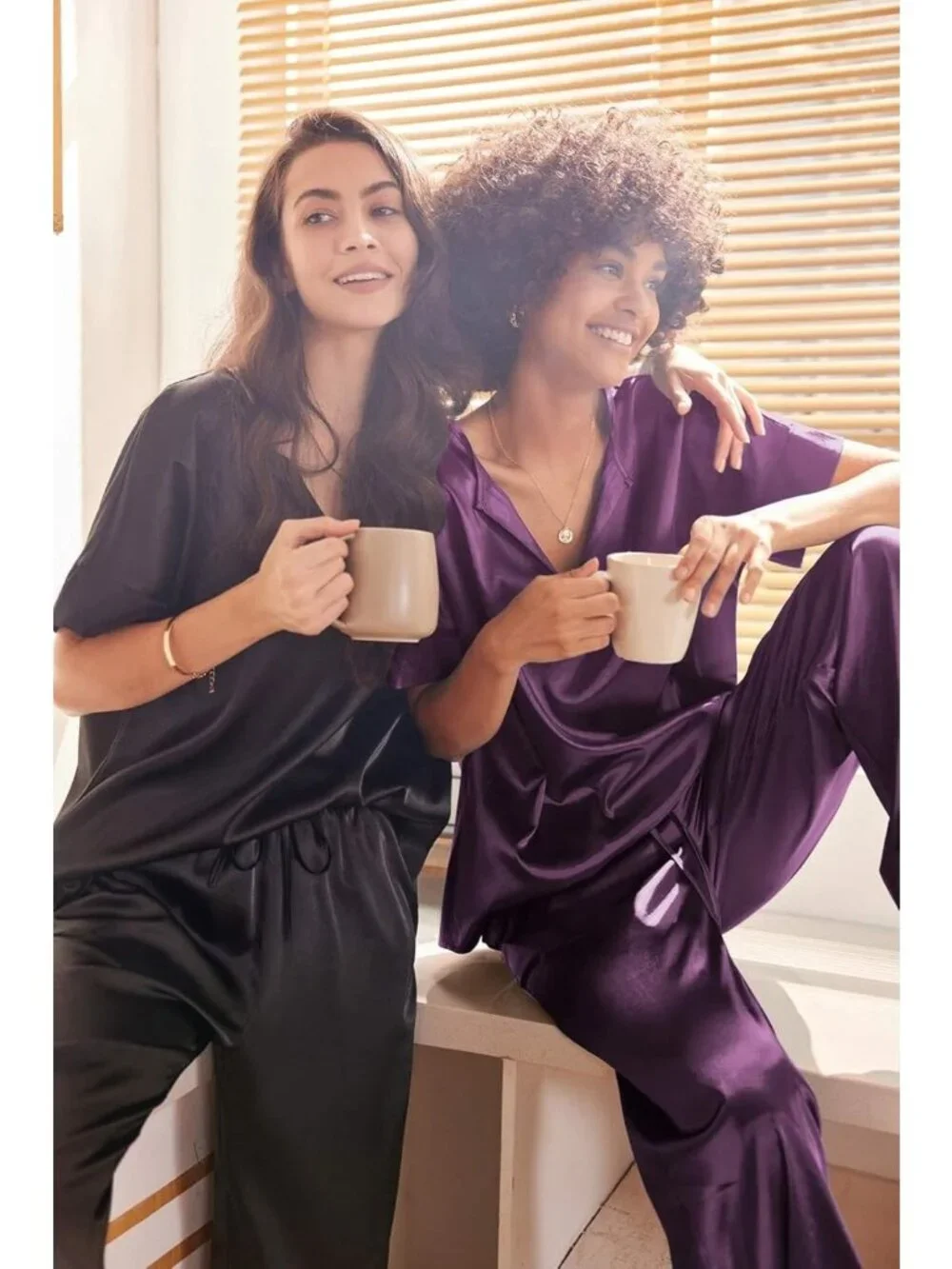 Silk Satin Pajama Set for Women | Short Sleeve V-Neck Top & Long Pants